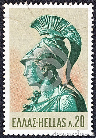 GREECE - CIRCA 1968: A stamp printed in Greece shows Athena attired for battle bronze from Piraeus 2nd century B.C. Editorial Stock Photo
