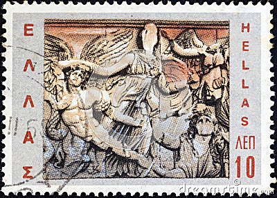 GREECE - CIRCA 1968: A stamp printed in Greece shows Athena defeats Alkyoneus from frieze, Altar of Zeus, Pergamon, circa 1968. Editorial Stock Photo