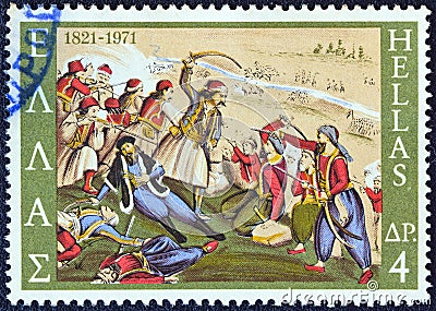GREECE - CIRCA 1971: A stamp printed in Greece shows the death of Isaiah, bishop of Salona, in battle, circa 1971. Editorial Stock Photo