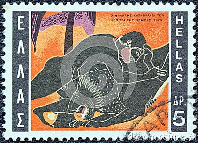 GREECE - CIRCA 1970: A stamp printed in Greece shows Hercules slaying the Nemean lion, circa 1970. Editorial Stock Photo