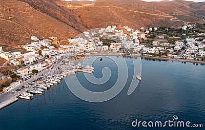 Kythnos island, Greece. Merihas port aerial drone view at sunset Editorial Stock Photo