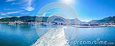 Greece ferryboat harbour panoramic shot. Stock Photo