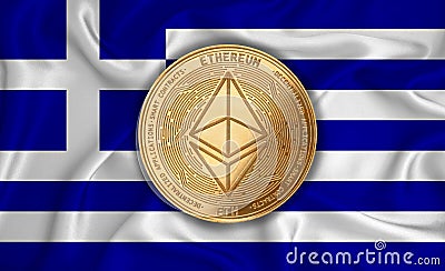 Greece flag ethereum gold coin on flag background. The concept of blockchain bitcoin currency decentralization in the country. Editorial Stock Photo