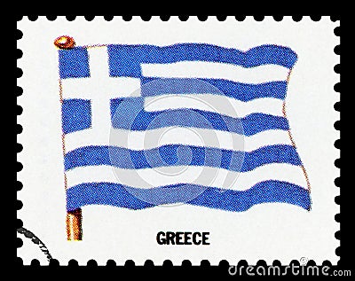 GREECE FLAG - Postage Stamp isolated on black Editorial Stock Photo
