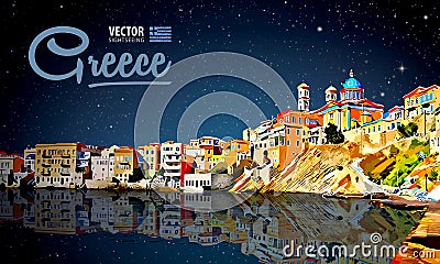 Greece holidays - clear sea and the reflection. Islands. Panorama city. Landscape. Starry sky. Night. Vector Vector Illustration