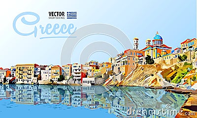 Greece holidays - clear sea and the reflection. Islands. Panorama city. Landscape. Vector illustration. Vector Illustration