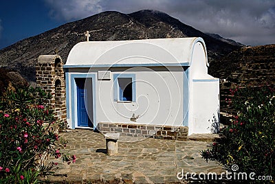 Small church at Olympos village in Karpathos island Stock Photo