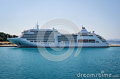 Greece, Kerkira- June 5, 2015 : Silversea Silver Spirit Cruise Ship docked in harbor Editorial Stock Photo