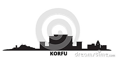 Greece, Korfu city skyline isolated vector illustration. Greece, Korfu travel black cityscape Vector Illustration