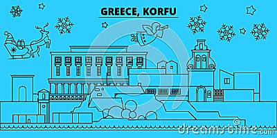 Greece, Korfu winter holidays skyline. Merry Christmas, Happy New Year decorated banner with Santa Claus.Greece, Korfu Vector Illustration