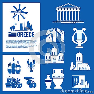 Greece Landmarks and cultural features blue icons design set Vector Illustration