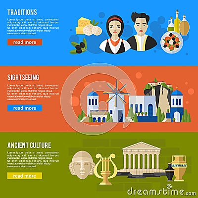 Greece Landmarks and cultural features flat banners design set Vector Illustration