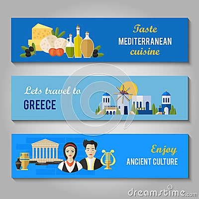 Greece Landmarks and cultural features flat banners design set Vector Illustration