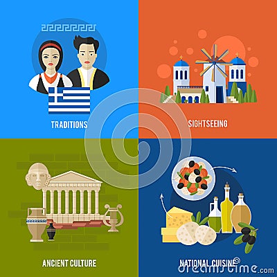 Greece Landmarks and cultural features flat banners design set Vector Illustration