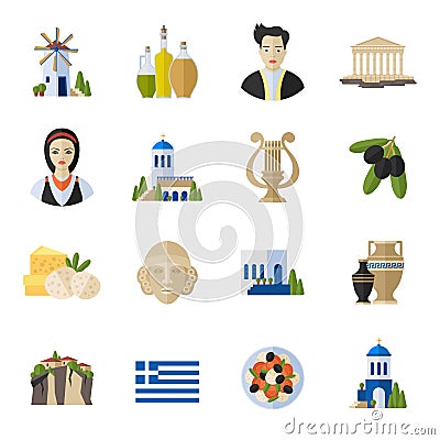 Greece Landmarks and cultural features flat icons design set Vector Illustration