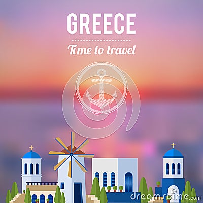 Greece Landmarks with sunset travel banner design Vector Illustration