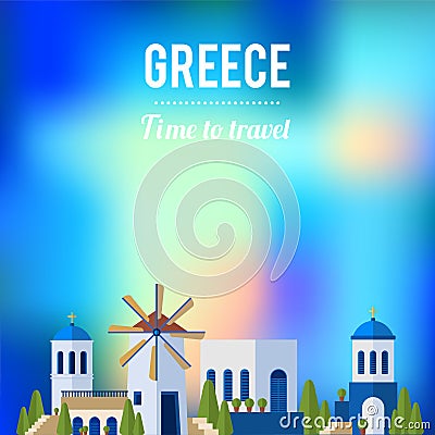 Greece Landmarks with sunset travel banner design Vector Illustration