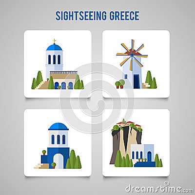 Greece Landmarks traditional architecture flat icons set Vector Illustration