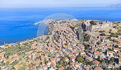 Greece Lesbos island Molivos village - Mithymna aerial drone view Stock Photo