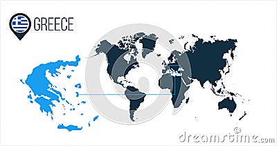 Greece location on the world map for infographics. All world countries without names.Greece round flag in the map pin or marker. Cartoon Illustration