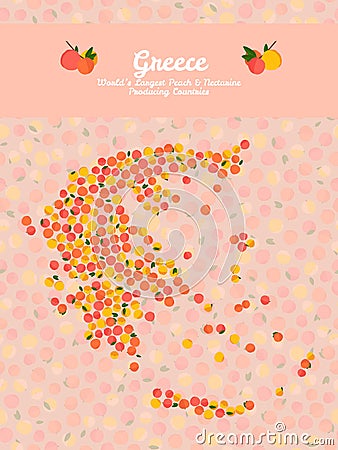 Greece map poster. Vegan card. Pink peaches frame. Vector Illustration