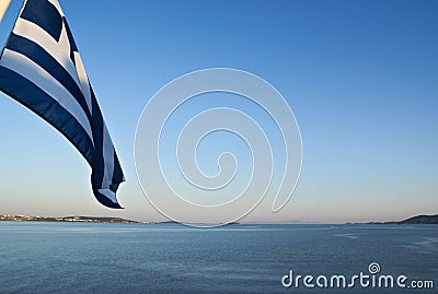 Greece, Paros, the flag at the stern of the ferry. Stock Photo