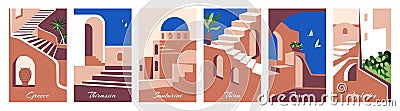 Greece pattern collection. Italy landscape, Morocco hotel or home, Mexico village with plant and sea, travel cards Vector Illustration