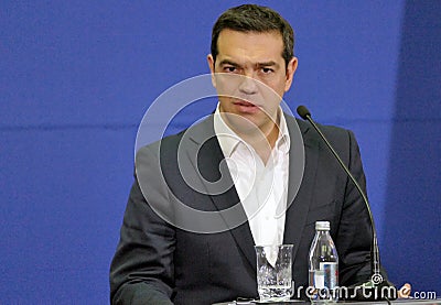 Greece Prime Minister Alexis Tsipras and Serbian Prime Minister Aleksandar Vucic holds a joint press conference Editorial Stock Photo