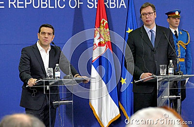 Greece Prime Minister Alexis Tsipras and Serbian Prime Minister Aleksandar Vucic holds a joint press conference Editorial Stock Photo