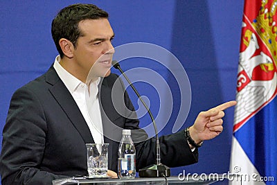 Greece Prime Minister Alexis Tsipras and Serbian Prime Minister Aleksandar Vucic holds a joint press conference Editorial Stock Photo