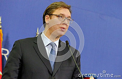 Greece Prime Minister Alexis Tsipras and Serbian Prime Minister Aleksandar Vucic holds a joint press conference Editorial Stock Photo