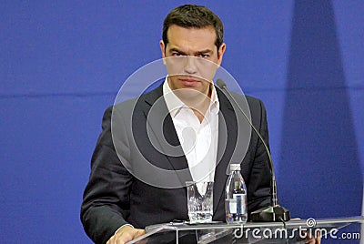 Greece Prime Minister Alexis Tsipras and Serbian Prime Minister Aleksandar Vucic holds a joint press conference Editorial Stock Photo