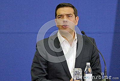 Greece Prime Minister Alexis Tsipras and Serbian Prime Minister Aleksandar Vucic holds a joint press conference Editorial Stock Photo