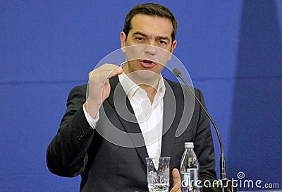 Greece Prime Minister Alexis Tsipras and Serbian Prime Minister Aleksandar Vucic holds a joint press conference Editorial Stock Photo