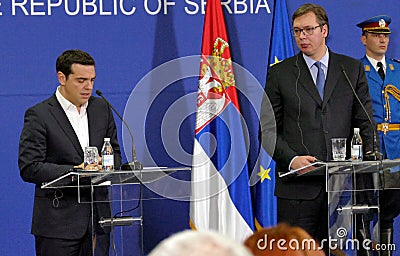 Greece Prime Minister Alexis Tsipras and Serbian Prime Minister Aleksandar Vucic holds a joint press conference Editorial Stock Photo