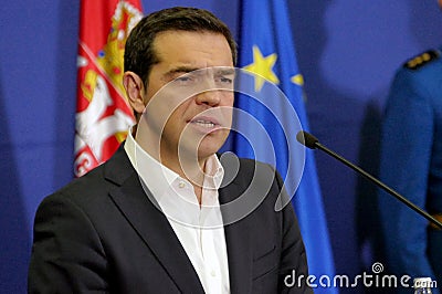 Greece Prime Minister Alexis Tsipras and Serbian Prime Minister Aleksandar Vucic holds a joint press conference Editorial Stock Photo