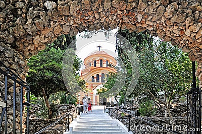 Church Agios Nektarios with Epta Pige Editorial Stock Photo