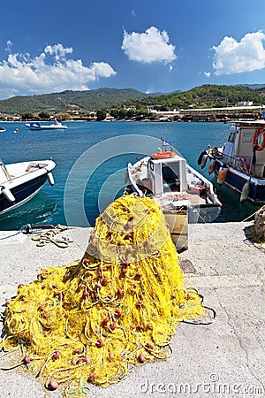 Greece. Rhodes Island. Fishing boats and ships at berth Stock Photo