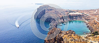 St. Paul`s Bay in the form of the heart on old Lindos town on Greek Rhodos Island Stock Photo