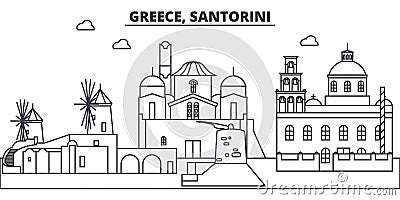 Greece, Santorini line skyline vector illustration. Greece, Santorini linear cityscape with famous landmarks, city Vector Illustration