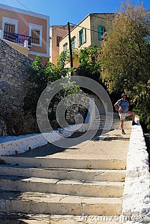 Greece, Symi island, view of Ano Symi town Editorial Stock Photo