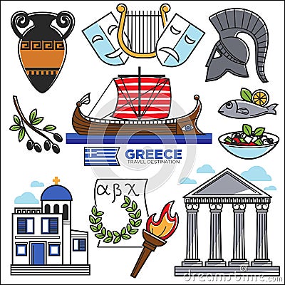 Greece travel and culture landmarks sightseeing vector icons Vector Illustration