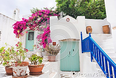 Greece travel landscape, traditional greek house with flowers in Paros island Stock Photo