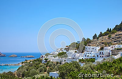 Greece trip in summer, Lindos city of Rhodos island, architecture of the city. Stock Photo