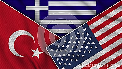 Greece United States of America Turkey Flags Together Fabric Texture Illustration Stock Photo