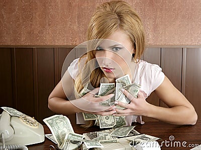 Greed money retro woman office vintage accountant Stock Photo