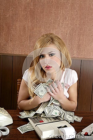 Greed money retro woman office vintage accountant Stock Photo