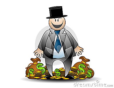 Greedy Banker With Money Grinning Cartoon Illustration