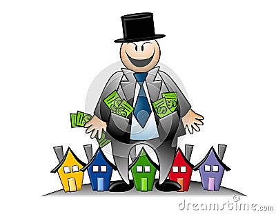 Greedy Banker With Money and Houses Cartoon Illustration