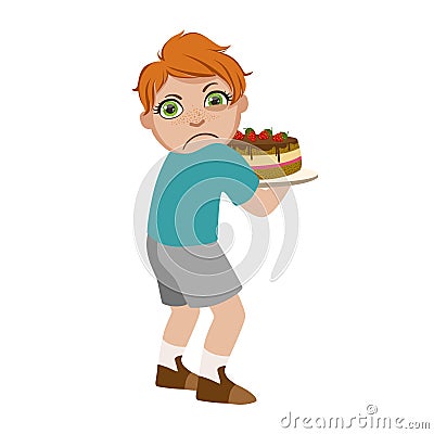 Greedy Boy Not Sharing Cake, Part Of Bad Kids Behavior And Bullies Series Of Vector Illustrations With Characters Being Vector Illustration